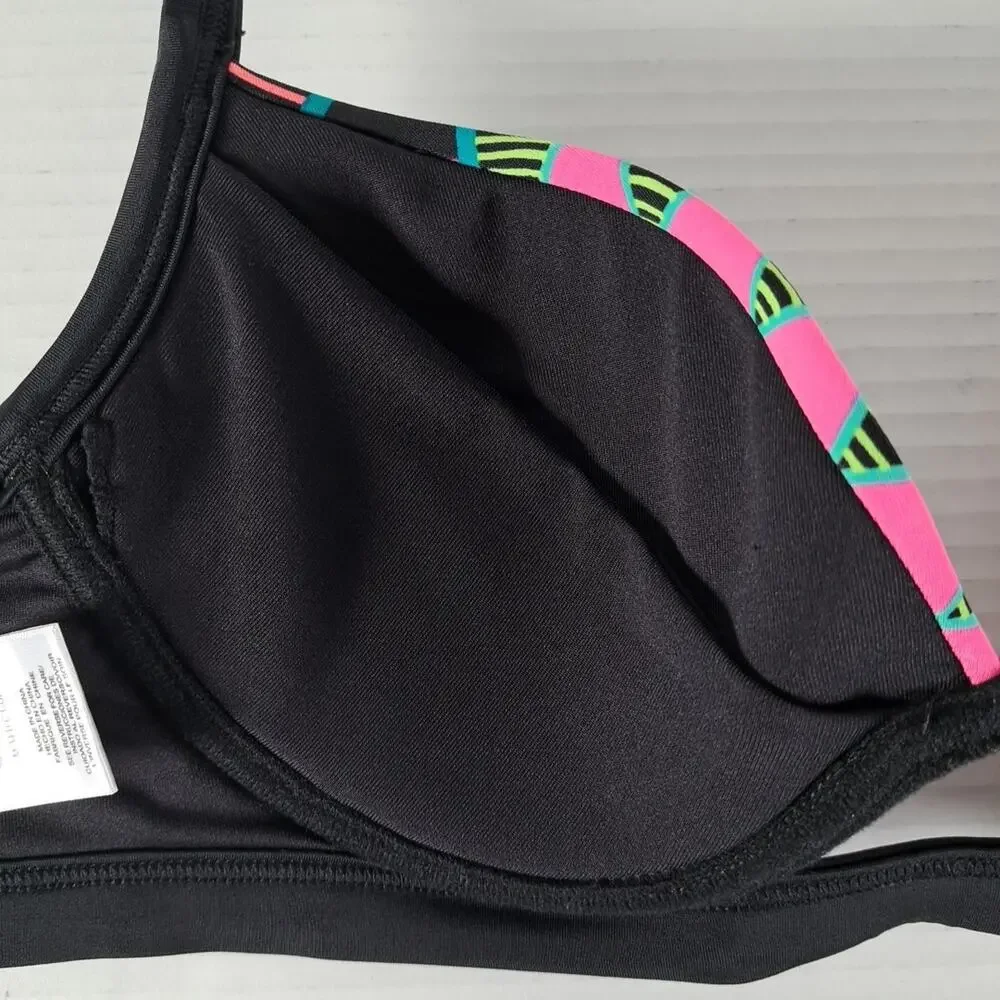 Coco Rave Bikini Swim Top Womens 34 B/C Cup Black Neon Geo Print Underwire Beach